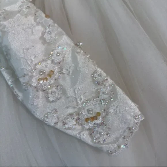 Vintage Ivory Tulle & Lace Flower Girl Dress with Rosette Back & Pearl Detail - Picture 8 of 16